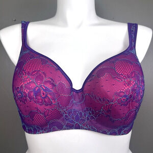Cacique Bra Size 40DD Pink Purple Lace Overlay Lined Full Coverage Underwire